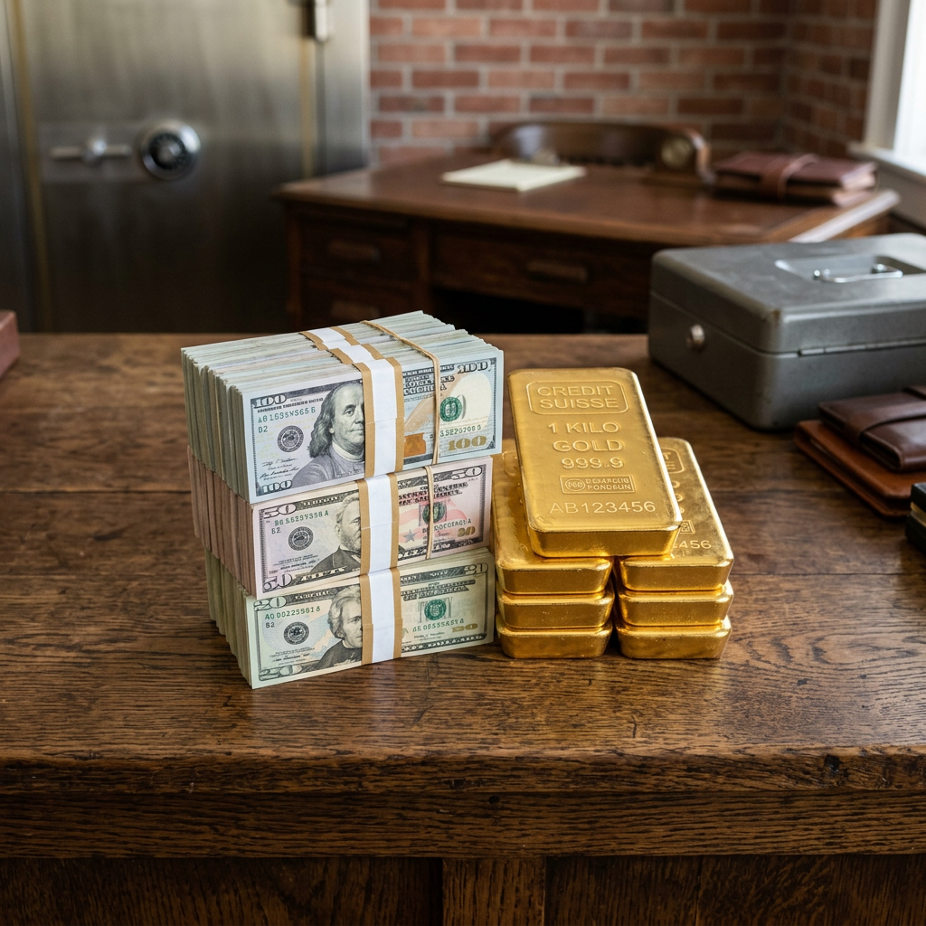 Stacks of U.S. currency and several gold bars on a wooden desk